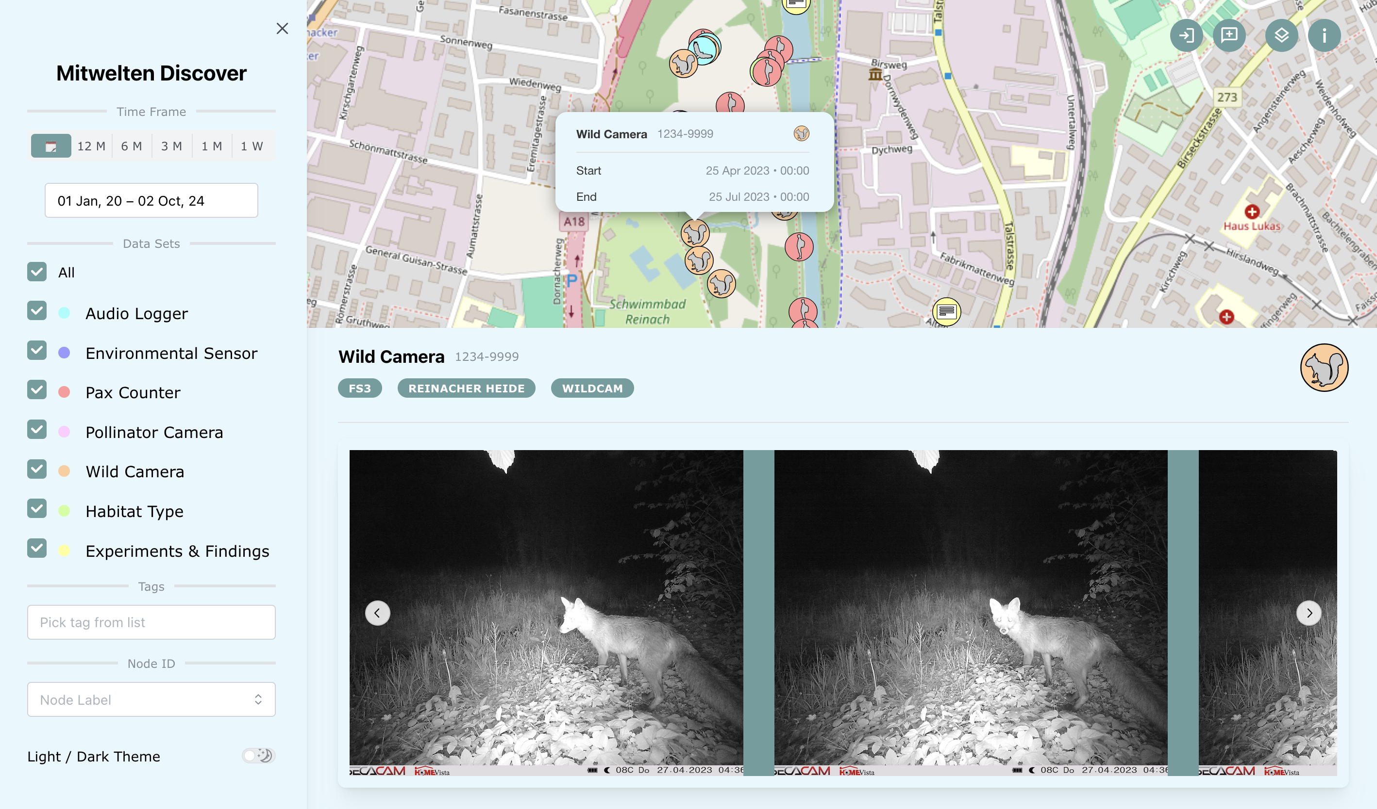 Screenshot of the 'Discover' application: display of photos taken with a selected wild cam of the Reinacher Heide.