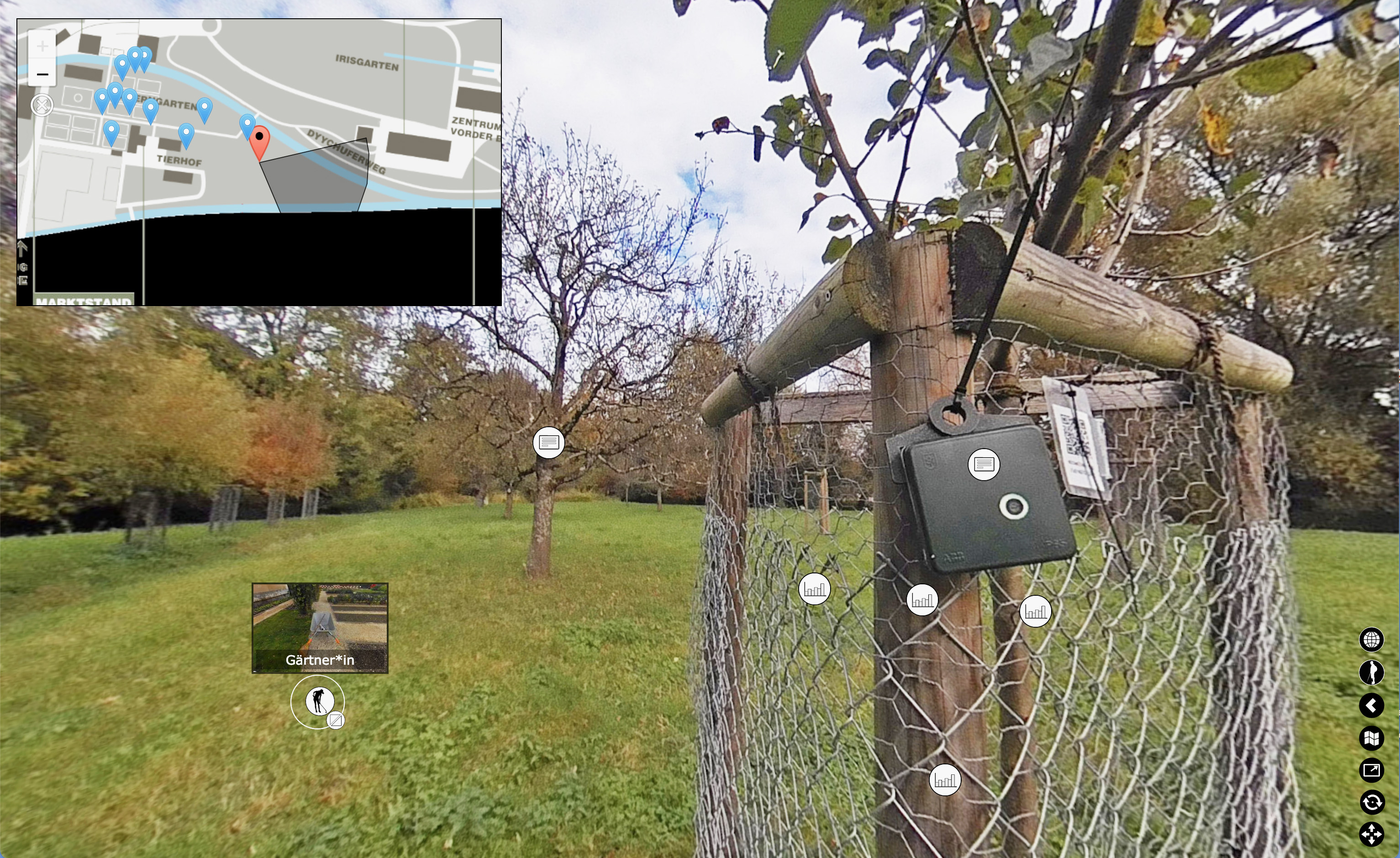 Screenshot of the 'Panorama' application at the ‘Weide’ site in the Merian Gardens, with interactive buttons and a map navigation tool, for retrieving information and measurement data.