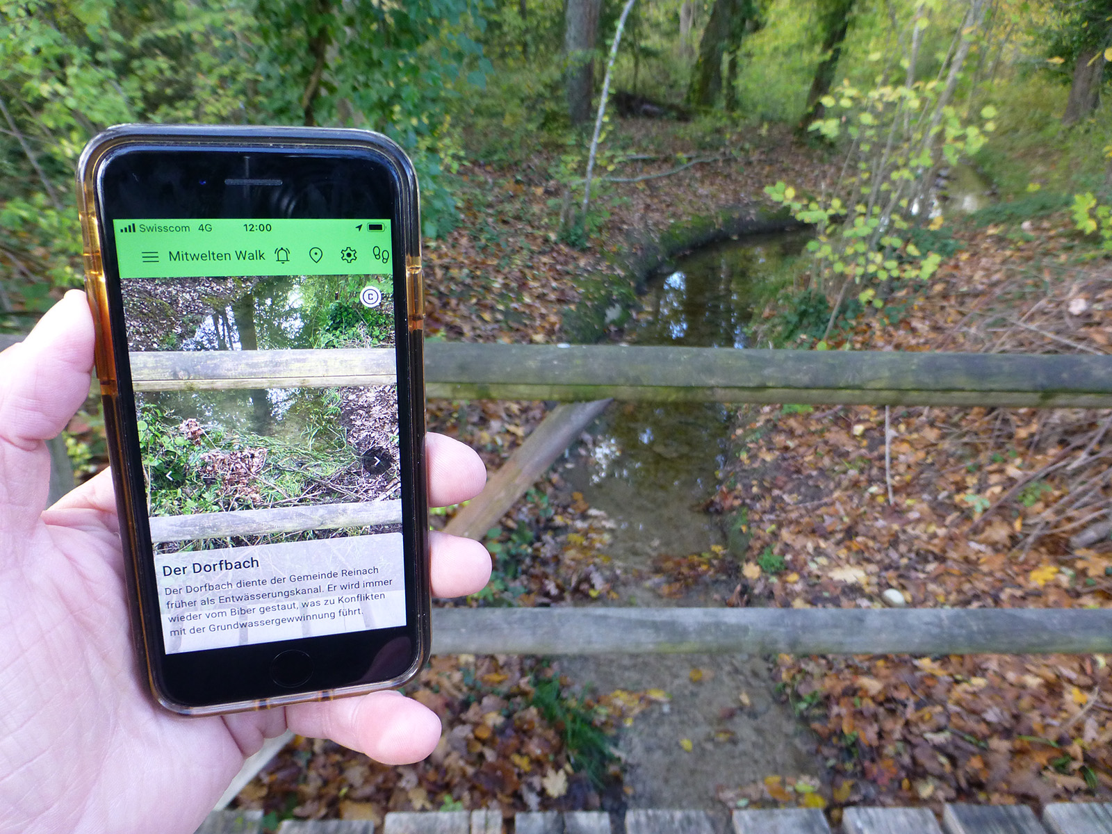 Photo of a walk with the WalkApp on the cell phone, on the bridge of the village stream in the Reinacher Heide.