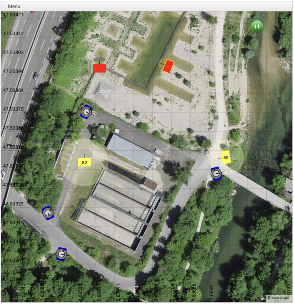 Screenshot of the software prototype for planning visitor guidance with set up and virtual sensors and actuators.